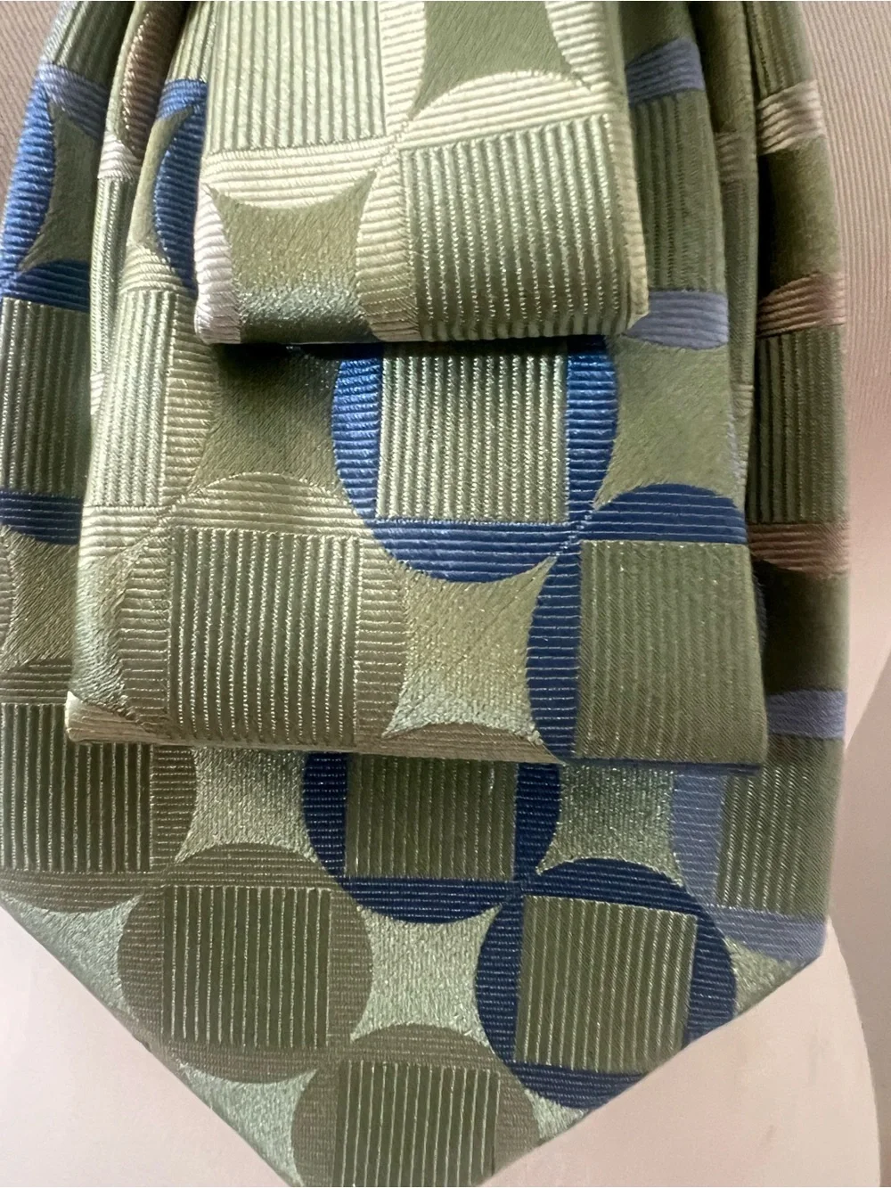Green and Blue Patterned Silk Tie Necklace with Gold Butterfly Accent